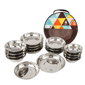 Outdoor Stainless Steel Dinnerware Set 17-Piece Camping <b>BBQ</b> Portable Plates Bowls Dishware Road Trip Use - Product Image 3