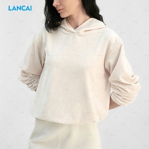 Factory Wholesale Custom Logo Embroidered Printed Breathable Luxurious Solid Plain <b>Velour</b> Crop Hoodie - Product Image 1