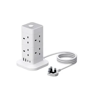 BS Standard UK 3 PIN Plug Multiple Socket With Type C USB Port Charger Electric Tower Power Extension Lead