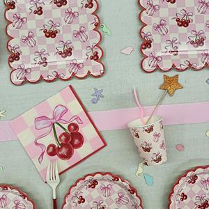 Juego de Vajilla Desechable DAMAI con Temática de Frutas y Color Rosa Cereza, Platos de Papel para Postre, Vasos de Papel, para Fiestas - Product Image 2