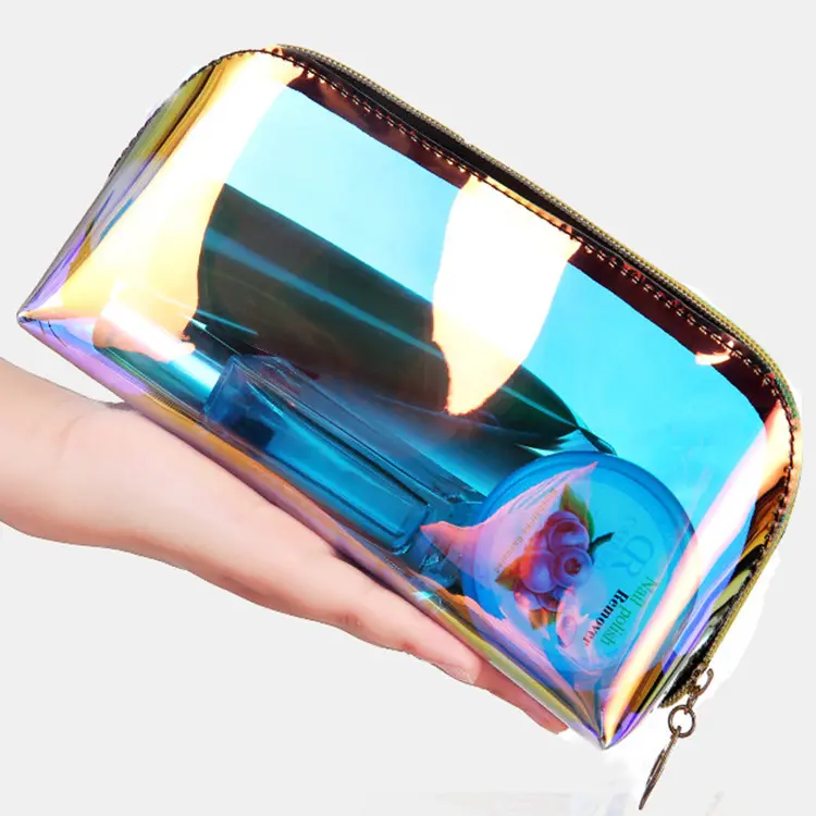 Bolsa de plástico de pvc para cosméticos, holograma láser para mujeres, bolsa de maquillaje holográfica transparente con cremallera