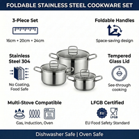 Ensemble de cuisine classique pliable en 6 pièces - Ensemble de casseroles en acier inoxydable de haute qualité avec couvercles en verre.