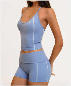 OEM/ODM Custom Manufacturers Contrast Patchwork Low <b>Neck</b> Color Block <b>Padded</b> Gym Workout Running Yoga Crop Tank Top Set for Women - Product Image 5
