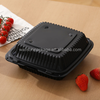 Boîte alimentaire carrée jetable à 3 compartiments en MFPP noir/blanc de 9 pouces, 2 mm d'épaisseur, avec charnière, pour plats à emporter