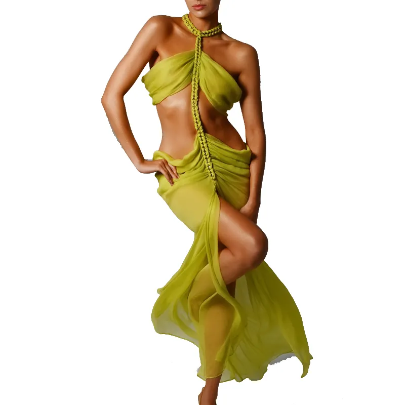 Großhandel Damen fließender chiffon gedrappt Maxi-Kleid Ausschnitt Kette Details Abendkleider