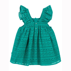 Ropa Infantil Otoño 2022, Vestido para Niñas Pequeñas con Apliques Florales Verdes, Diseño Calado, ODM, 100% Algodón - Product Image 3