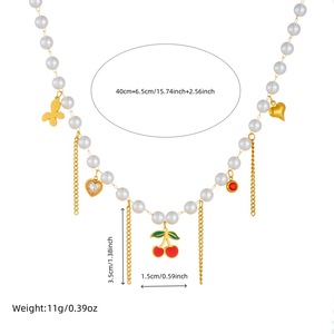 Korean Style Pearl Chain Necklace With Cherry Heart Butterfly Charms For Everyday Wear - Product Image 4
