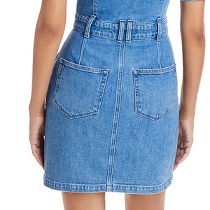 Robe chemise d'été décontractée à manches courtes <span class=keywords><strong>en</strong></span> <span class=keywords><strong>jean</strong></span> Mini robe <span class=keywords><strong>en</strong></span> <span class=keywords><strong>jean</strong></span> pour femmes avec bandeau à la taille et col pointu sur le devant - Product Image 5