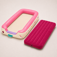 Matelas pneumatique portable pour tout-petits avec coussin intérieur floqué séparé, bordure en PVC imprimé rose et emballage de vente au détail personnalisé