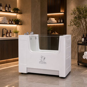 Baignoire de toilettage pour chien ergonomique de luxe à seuil bas, sécurisée, en acrylique, pour récupération post-chirurgicale et usage clinique en salle de bain - Product Image 1