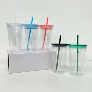 Us Warehouse 16Oz Double Walled Clear Acrylic <b>Cup</b> Mug Hole 16 Oz 24Oz Snowglobe Plastic Tumbler <b>With</b> Colorful <b>Lid</b> and Straw - Product Image 2