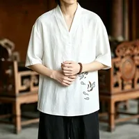 T-shirt ample pour homme, col en V, broderie grue, mélange coton-lin, tenue décontractée