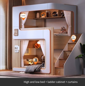 Modern Wooden Bunk Bed With LED Lighting <b>Shelves</b> and Stairs Space Saving Two Tier for Kids Room Bunk Bed - Product Image 6