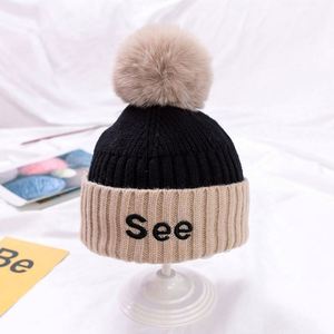 Autumn and Winter Bobble With Pom Pom Color Matching Baby Beanie Woolen Warm Knitted Kids Wool <b>Hats</b> - Product Image 2