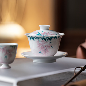 Guanlan Hand Painted Wisteria Flower Gaiwan <b>Teacup</b> Three Piece Set White Porcelain Heat Resistant Tea Bowl With Lid - Product Image 3