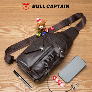 BULLCAPTAIN Genuine Leather Crossbody Sling Bag for Men Cellphone Stand, Chain, Chest Shoulder <b>Backpack</b>, Daypack - Product Image 2