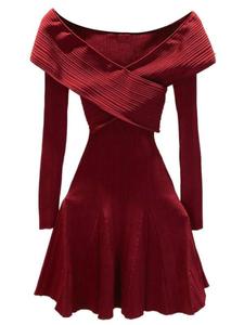 Nuovo Arrivo Primaverile: Abito Corto in Maglia <span class=keywords><strong>Bordeaux</strong></span> con Spalle Scoperte, <span class=keywords><strong>Maniche</strong></span> <span class=keywords><strong>Lunghe</strong></span> e Vestibilità Aderente per Uso Quotidiano - Product Image 5