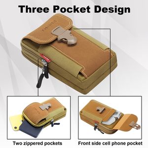 Tactische sportieve nylon telefoonholster met ritssluiting & gespsluiting voor heren, zwarte riemlus en zakken - Product Image 2