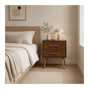 Table de chevet moderne en bois chevron avec 2 tiroirs, armoire de chevet, fournisseur OEM ODM, fabrication directe, fabricant de meubles de chambre à coucher - Product Image 1