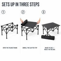 Table de camping pliable d'extérieur légère en acier au carbone avec plateau enroulable et sac de rangement