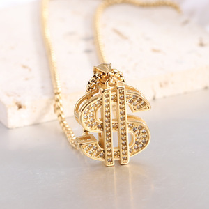 Collar con Colgante de Signo de Dólar, Chapado en Oro, con Incrustaciones, Cadena de Acero de Titanio, Estilo Hip Hop, Joyería de Moda Urbana - Product Image 1