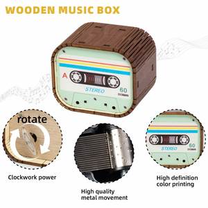 Wholesale Creative Retro Pattern Wooden Wind-Up Music Box, Mini Tabletop Decor, Unique Aesthetic Home Accent for Living Room - Product Image 4