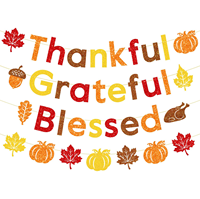 Bannière scintillante « Thankful Grateful Blessed » avec feuilles d'érable, citrouille, dinde, guirlande murale colorée pour la cheminée, pour l'automne et Thanksgiving