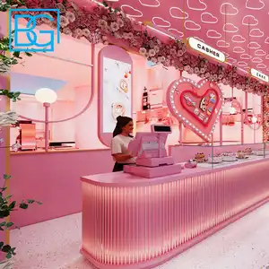 Tienda de panadería de postres comerciales rosas, gabinete de té de burbujas, tienda de té al por menor, diseño de interiores, Mostrador de tienda de té de burbujas con Led