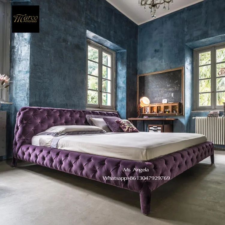 Itália contemporâneo europeu tamanho queen ou king size cama de luxo em estilo francês botão tufados cama de veludo roxo