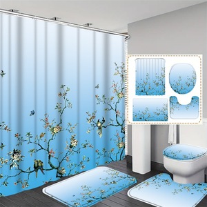 Ensemble de 4 pièces pour salle de bain : rideau de douche, tapis de bain décoratif rose, tapis contour, couvercle de toilette en forme de U, tapis antidérapant en tissu polyester - Product Image 2