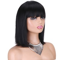 Wig Bob Pendek Lurus Tanpa Lace, Rambut Manusia Mentah Kamboja Asli, Full Machine, Dengan Poni, Untuk Wanita Kulit Hitam, Tampilan Alami