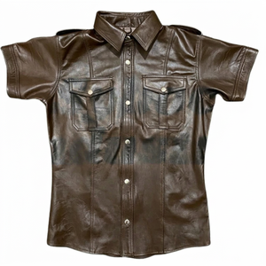 Brown Leather <b>Shirt</b> For Adult Real Soft Sheep Leather <b>Half</b> Sleeve Plus Size <b>Button</b> Up Gay <b>Shirt</b> For Men - Product Image 1