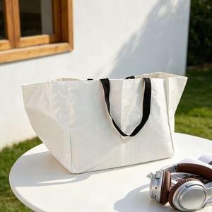 Wholesale Large Capacity <b>White</b> Laminated PP Woven <b>Tote</b> <b>Bag</b> with Black Reinforced Handles for Grocery Shopping Promotion Gift - Product Image 1