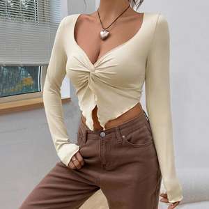 Y2K <span class=keywords><strong>Vintage</strong></span> Grunge Crop Tops <span class=keywords><strong>ropa</strong></span> elegante frente atar cuello en V camiseta <span class=keywords><strong>90S</strong></span> <span class=keywords><strong>Vintage</strong></span> Chic mujeres Blusa de manga larga Camisetas femeninas - Product Image 4