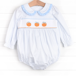 Applique di zucca Peter Pan collare con volant sorella abbinata per bambini vestiti blu Mini punto di cotone monogramma abiti per bambini - Product Image 5