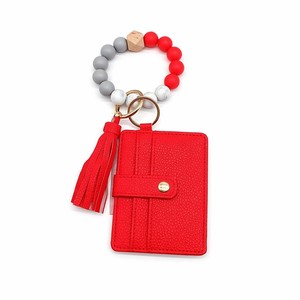 여성용 맞춤형 실리콘 비즈 손목 스트랩 키체인, PU 가죽 카드 홀더 지갑 및 태슬 포함 - Product Image 1