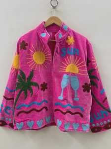 Bohemian Style <b>Velvet</b> Suzani Embroidered Animal Print Cotton Filled Winter Breathable Woven <b>Jacket</b> OEM Private Label India - Product Image 5