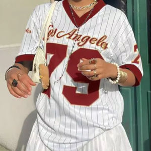 Camiseta de manga corta con cuello en V y estampado de letras de Los Ángeles para mujer, camiseta gráfica de verano, camisetas de béisbol, Camiseta deportiva de gran tamaño - Product Image 1