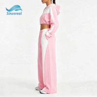 Ensemble de survêtement deux pièces color block personnalisé pour femme : sweat à capuche court zippé et pantalon de survêtement large – Tenue décontractée streetwear