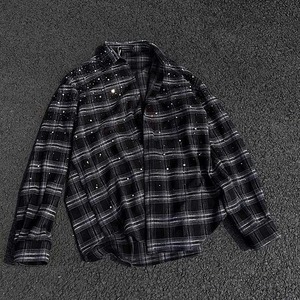 Sofort Lieferbares Streetwear Großhandel ODM Vintage Oversized Kariertes Schweres Rhinestone Langarmhemd für Herren - Product Image 6