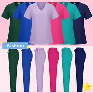 Nurse Uniform Set Solid Color Short Sleeve Long Pants Two Piece Scrub Women Moisture Wicking Hospital Workwear - Product Image 3