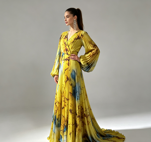 Abito lungo da donna 2026 <span class=keywords><strong>giallo</strong></span> con stampa marmorizzata, plissettato, casual, scollo a V, maniche a sbuffo, per serate ed eventi, tinta unita - Product Image 4