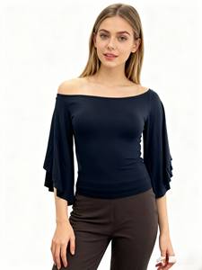 เสื้อยืดแฟชั่นผู้หญิง แขนกระดิ่ง คอโอ ผ้าถักเรยอน/สแปนเด็กซ์ ทรงเข้ารูป แขนสองชั้น ยืดหยุ่น นุ่ม สวมใส่สบาย คุณภาพสูง ดีไซน์เก๋ไก๋ สำหรับฤดูร้อน - Product Image 4