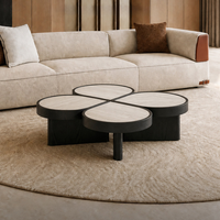 Table basse moderne en forme de fleur, placage de bois d'orme, plateau en pierre de travertin gris, table de salon design pour hôtel