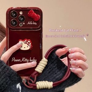 Funda de silicona suave antichoque color rojo vino con diseño de lazo de gato de dibujos animados y cordón para teléfono 16PRO con ventana grande - Product Image 2