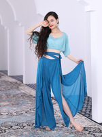 Costume de danse du ventre d'été 2 pièces en maille scintillante : haut court à manches chauve-souris + pantalon large fluide fendu, ensemble pour femmes, tenue d'entraînement de danse orientale