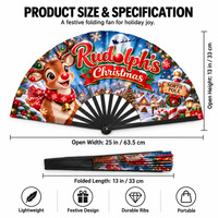 Kipas Tangan Lipat Personal 13 Inch 33cm Plastik Bambu Kayu Natal Rudolph Festival Musim Dingin Kipas Genggam Grosir