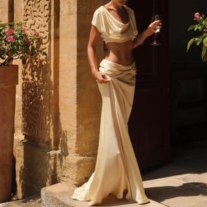 Nouveautés : Ensembles élégants jaunes en satin de haute qualité pour femme – Tenues 2 pièces (jupe et haut) dos nu et unies - Product Image 2