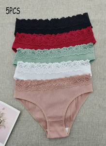 Confezione da 5 pezzi intimo donna adulto mutandine a coste con <span class=keywords><strong>pizzo</strong></span> floreale Sexy mezza copertura Bikini Culottes En Coton - Product Image 1
