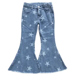 Trẻ em cô gái jeans ánh sáng màu xanh denim Quần Sao tẩy trắng dungarees jeans đáy bán buôn trẻ em mùa xuân denim quần 1-14 năm